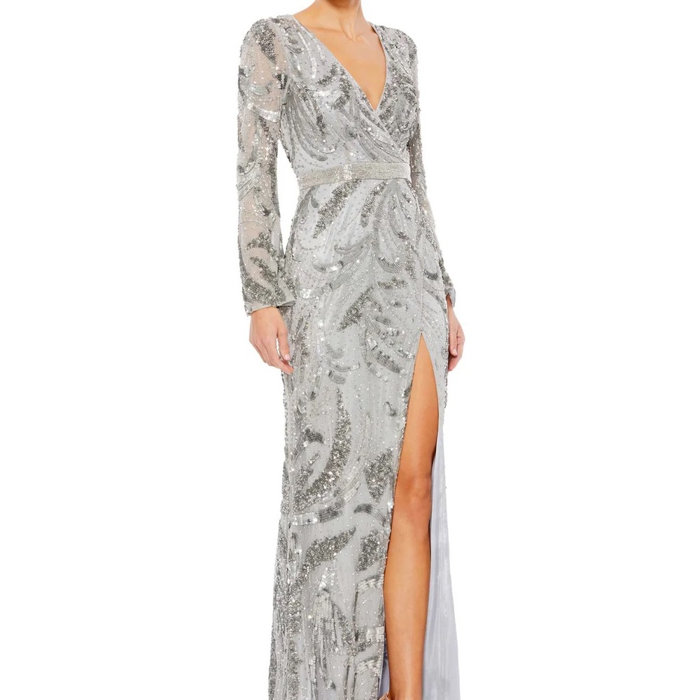 NWT - Mac Duggal Sequined Faux Wrap Long Sleeve Gown